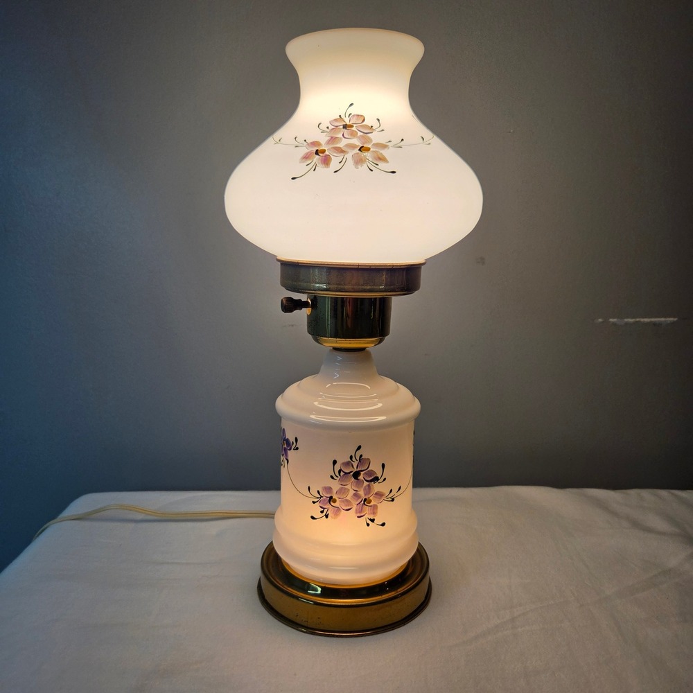 Vtg Milk Glass Hurricane 3-way Lamp Hand Painted Purple Floral Brass Base 14"